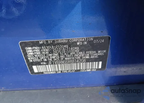 2024 Subaru Wrx Limited из США, поврежденный, VIN JF1VBAN66R8814208